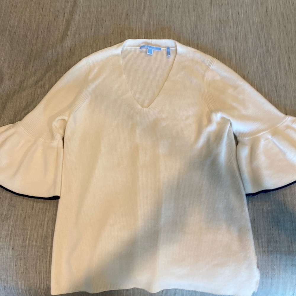 Draper James Bell Sleeve V Neck Sweater- Cream with Navy Trim